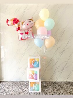 ลูกโป่ง วันเกิดเด็ก ช่อลูกโป่ง ช่อ 7 ลูก 1 ช่อ สีพาสเทล พร้อม ฟอยล์แมว สีชมพู Anagram 1 ชิ้น พร้อม กล่องใส ขนาด 12" ติดตัวอักษร 3 กล่อง พร้อมตกแต่ง สามารถเปลี่ยนสีลูกโป่ง/เปลี่ยนข้อความ/เปลี่ยนฟอยล์ตกแต่งได้