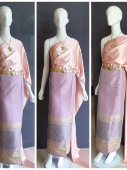 เช่า ชุดไทย ชุดเพื่อนเจ้าสาว ชุดไทยผ้าซิ่นสีเทาชมพู สไบเรียบโรสโกล