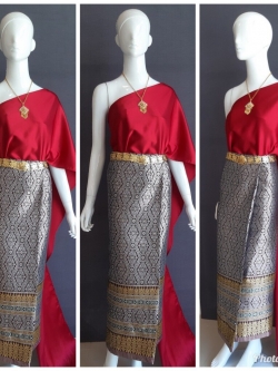 เช่า ชุดไทย ชุดเพื่อนเจ้าสาว ชุดไทยผ้าซิ่นสีแดง สไบเรียบสีแดง