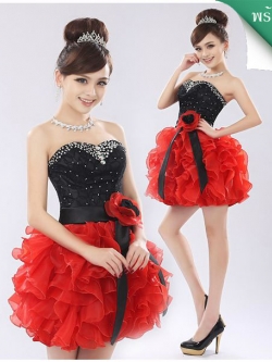 พร้อมเช่า ชุดแฟนซี เช่า 500 ชุดราตรีสั้น เกาะอกแต่งคริสตัล สีดำ กระโปรงระบายสวยสีแดง