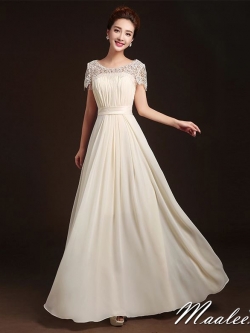 พร้อมเช่า ชุดราตรียาว ลูกไม้ กระโปรงผ้าชีฟอง อกจับจีบ เรียบหรู สีครีม Champagne