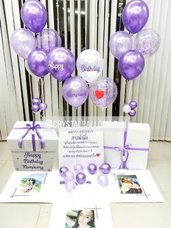 Happy Birthday Surprise Box กล่องเซอร์ไพรส์วันเกิด Theme สีม่วง พร้อมตกแต่ง ช่อลูกโป่ง 5 ลูก 2 ช่อ,ลูกโป่งใส ใส่กลิตเตอร์,สามารถใส่รูปได้ 3 ใบ สามารถเปลี่ยนสีลูกโป่ง/เปลี่ยนข้อความได้