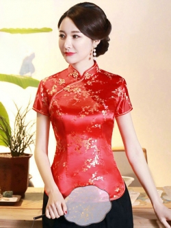 Pre-order เสื้อกี่เพ้า สีแดง ลายดอกเหมย ผ้าไหมจีน กุ๊นขอบ ตัดเย็บอย่างดี