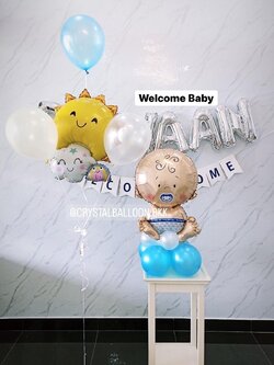 ลูกโป่ง Welcome Baby Boy พร้อม ฟอยล์ตัวอักษร 7 ตัวอักษร,ป้ายธง 7 ตัวอักษร พร้อมตกแต่ง ฟอยล์พระอาทิตย์ 1 ชิ้น,ลูกโป่ง 3 ลูก สามารถเปลี่ยนสีลูกโป่ง/เปลี่ยนข้อความ/เปลี่ยนสี-ฟอยล์ตัวอักษร/เปลี่ยนฟอยล์ตกแต่งได้