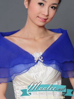เสื้อคลุมชุดราตรี ผ้าแก้วออกันซ่า สีน้ำเงิน พร้อมตะขอเพชรรูปโบว์