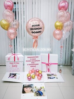 Happy Birthday Surprise Box กล่องเซอร์ไพรส์วันเกิด Bubble ขนาด 24" Theme โรสโกล พร้อมตกแต่ง ช่อลูกโป่ง 7 ลูก 2 ช่อ,ลูกโป่งใส ใส่กลิตเตอร์,สามารถใส่รูปได้ 4 ใบ สามารถเปลี่ยนสีลูกโป่ง/เปลี่ยนข้อความได้