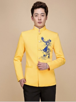 Pre-order ชุดสูทจีนชาย สีเหลือง ปักอกลายมังกรสีน้ำเงิน คอปีน แขนยาว สไตล์จีน