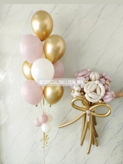Flower Balloon Big Bouquet ช่อ 9 ดอก ดอกุหลาบ 3 ดอก,ดอกเดซี่ 3 ดอก,ดอกทิวลิป 3 ดอก พร้อม ช่อลูกโป่ง ช่อ 9 ลูก 1 ช่อ Theme สีทองอ่อนโครเมี่ยม-สีชมพู พร้อมตกแต่ง สามารถเปลี่ยนสีลูกโป่งได้