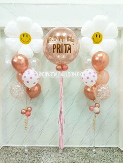 ลูกโป่ง Welcome Baby Bubble ขนาด 36" สีโรสโกล พร้อมตกแต่ง ช่อลูกโป่งฟอยล์ดอกเดซี่ 2 ช่อ ช่อ 7 ลูก,ลูกโป่งใส ใส่กลิตเตอร์,ลูกโป่งลายจุด สามารถเปลี่ยนสีลูกโป่ง/เปลี่ยนข้อความ/เปลี่ยนขนาด/เปลี่ยนฟอยล์ตกแต่งได้