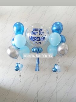 ลูกโป่ง Welcome Baby Bubble ขนาด 24" กลิตเตอร์สีเงิน 1 ลูก พร้อม ช่อลูกโป่ง ช่อ 5 ลูก 2 ช่อ Theme สีน้ำเงินโครเมี่ยม-ฟ้าพาสเทล พร้อมตกแต่ง สามารถเปลี่ยนสีลูกโป่ง/เปลี่ยนข้อความ/เปลี่ยนขนาดได้