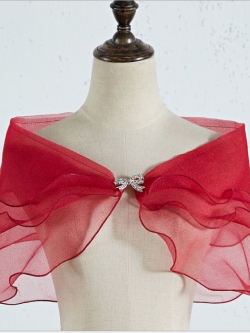 เสื้อคลุมชุดราตรี ผ้าแก้วออกันซ่า สีไวน์แดง พร้อมตะขอเพชรรูปโบว์