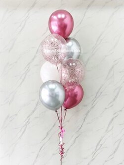 ลูกโป่ง แสดงความยินดี ช่อลูกโป่ง 7 ลูก 1 ช่อ สีพิงค์พาวเดอร์โครเมี่ยม/เงินโครเมี่ยม/ขาว พร้อมตกแต่ง ลูกโป่งใส ใส่กลิตเตอร์ สามารถเปลี่ยนสีลูกโป่ง/เปลี่ยนสีกลิตเตอร์ได้