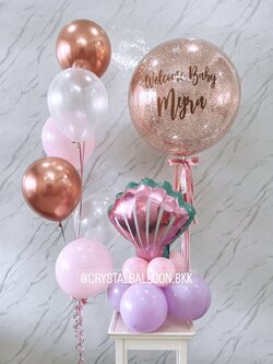 ลูกโป่ง Welcome Baby Bubble ขนาด 24" สีโรสโกล พร้อม ช่อลูกโป่ง 6 ลูก 1 ช่อ พร้อมตกแต่ง ฟอยล์หอย ตั้งฐาน 1 ชิ้น สามารถเปลี่ยนสีลูกโป่ง/เปลี่ยนข้อความ/เปลี่ยนขนาดได้