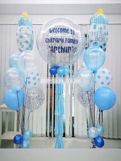 ลูกโป่ง Welcome Baby Boy Bubble ขนาด 36" Theme สีฟ้า พร้อมตกแต่ง ช่อลูกโป่ง 2 ลูก,ลูกโป่งใส ใส่กลิตเตอร์,ฟอยล์ขวดนมใหญ่ 2 ชิ้น สามารถเปลี่ยนสีลูกโป่ง/เปลี่ยนข้อความ/เปลี่ยนขนาดได้