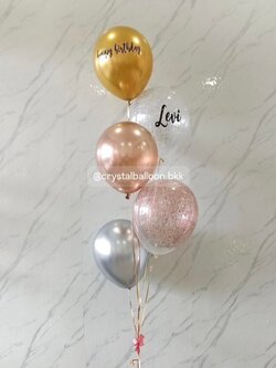 ลูกโป่ง แบบช่อ ช่อลูกโป่ง ช่อ 5 ลูก 1 ช่อ สีทองโครเมี่ยม/เงินโครเมี่ยม/โรสโกลด์โครเมี่ยม พร้อม ลูกโป่ง ใส ใส่กลิตเตอร์ พร้อมตกเเต่ง สามารถเปลี่ยนสีลูกโป่ง/เปลี่ยนข้อความได้
