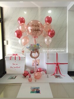 Valentine's Day Surprised Box กล่องเซอร์ไพรส์วาเลนไทน์ Jumbo Box 36" Bubble ขนาด 36" กลิตเตอร์โรสโกลด์ พร้อม ช่อลูกโป่ง ช่อ 7 ลูก 2 , ฟอยล์แหวนเดี่ยวใหญ่ 1 ชิ้น' พร้อมตกแต่ง สามารถใส่รูปได้ 4 ใบ สามารถเปลี่ยนสีลูกโป่ง/เปลี่ยนข้อความได้