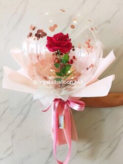 Flower Balloon Valentine's Day ดอกกุหลาบแดงประดิษฐ์ 1 ดอก Bubble ขนาด 18" พร้อม ไฟประดับ 1 ชิ้น,สามารถใส่เงิน 30 ใบ พร้อมตกแต่ง สามารถเปลี่ยนข้อความ/เปลี่ยนสีได้