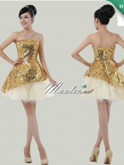 พร้อมเช่า ชุดแฟนซี เช่า 500 ชุดราตรีสั้น เกาะอก สีทอง ผ้าปักเลื่อม กระโปรงสุ่ม Tutu
