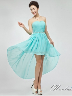 พร้อมเช่า ชุดราตรีสั้น เกาะอก หน้าสั้นหลังยาว สีฟ้าอ่อน อัดพลีตหน้าอก คาดเอวคริสตัล