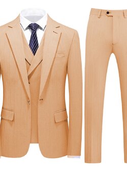พร้อมเช่า ชุดสูทชาย สีส้มพาสเทล 1 กระดุม (พร้อมเสื้อกั๊ก) ผ้า Cotton twill 100% ทอลายในตัว