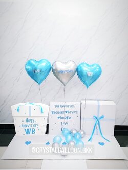 Surprise Box วันครบรอบ ฟอยล์หัวใจ 18" 3 ชิ้น Theme สีฟ้า-เงิน สามารถใส่รูปได้ 2 ใบ สามารถเปลี่ยนสีลูกโป่ง/เปลี่ยนข้อความได้