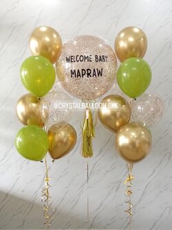 ลูกโป่ง Welcome Baby Bubble ขนาด 24" กลิตเตอร์สีแชมเปญ พร้อม ช่อลูกโป่ง 7 ลูก 2 ช่อ,ลูกโป่งใส ใส่กลิตเตอร์ พร้อมตกแต่ง สามารถเปลี่ยนสีลูกโป่ง/เปลี่ยนข้อความ/เปลี่ยนขนาดได้