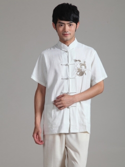 Pre-order ชุดจีน เสื้อจีนชาย แขนสั้น ผ้าฝ้าย สีขาว ปักลายมังกร