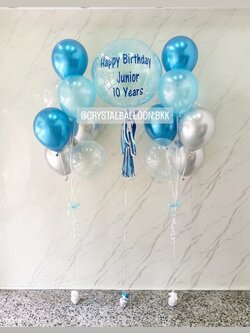 ลูกโป่ง วันเกิดเด็ก Bubble ขนาด 24" กลิตเตอร์สีฟ้ามุก พร้อม ช่อลูกโป่ง ช่อ 7 ลูก 2 ช่อ พร้อมตกเเต่ง สามารถเปลี่ยนสีลูกโป่ง/เปลี่ยนขนาด/เปลี่ยนข้อความได้