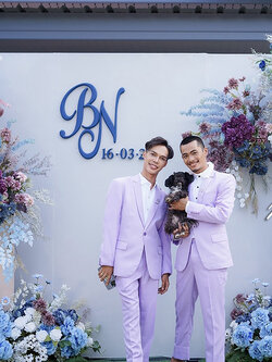 พร้อมเช่า ชุดสูทชาย สีม่วงพาสเทล สไตล์เกาหลี (ไม่มีเสื้อกั๊ก)