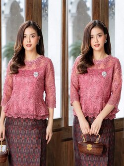 Pro-order ชุดเช่า ชุดไทยคุณแม่ เสื้อลูกไม้ คอกลม ผ้าซิ่น แยกชิ้น เรียบหรู **สามารถเลือกเปลี่ยนกระโปรงแบบที่ต้องการได้**