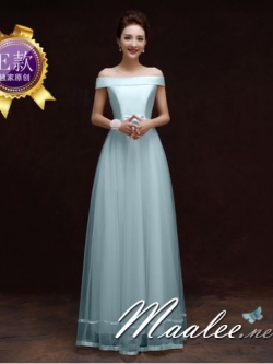 พร้อมส่ง ชุดราตรียาว ชุดเพื่อนเจ้าสาว สีฟ้า แบบ E ปาดไหล่ แต่งโบว์ช่วงเอว ผ้าซาติน กรโปรงตาข่ายนิ่ม (เชือกผูกหลัง)