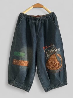 กางเกงยีนส์ลายแมวปักขาสามส่วน