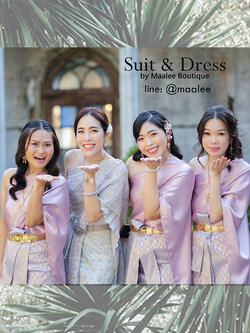 เช่า ชุดไทย ชุดเพื่อนเจ้าสาว ชุดไทยผ้าถุงสีเทาชมพูเงิน สไบเรียบสีชมพู