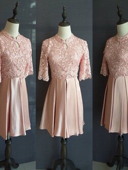 พร้อมเช่า ชุดราตรีสั้น สีโรสโกลด์ ลูกไม้ คอจีนแขนสามส่วน