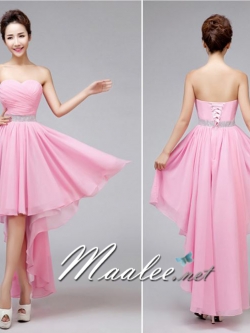 พร้อมเช่า ชุดราตรีสั้น เกาะอก หน้าสั้นหลังยาว สีชมพู (เชือกผูกหลัง)