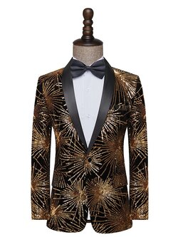 Pre-order เสื้อสูทชาย สูทแฟชั่น สูทดำแต่งเลี่อมเป็นดอกไม้สีทอง