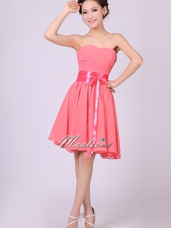 พร้อมส่ง ชุดราตรีสั้น เกาะอก สีชมพูโอรส คอเว้ารูปหัวใจ จับเดรปหน้าอก แต่งคาดเอวผ้าซาติน