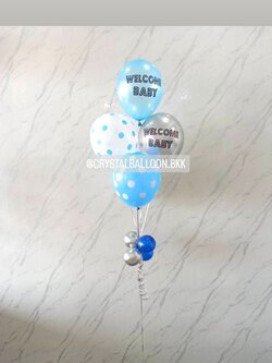 ลูกโป่ง Welcome Baby ช่อลูกโป่ง ช่อ 5 ลูก 1 ช่อ ธีมฟ้าลายจุด พร้อมตกแต่ง สามารถเปลี่ยนสีลูกโป่ง/เปลี่ยนข้อความได้