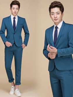 พร้อมเช่า ชุดสูทชาย สีฟ้าน้ำทะเล สไตล์เกาหลี (ไม่มีเสื้อกั๊ก)