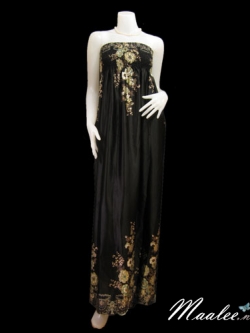 ชุดราตรีเกาะอกยาวหรูสีดำ ลายพิมพ์เถาดอกไม้สีทอง