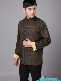 Pre-order ชุดจีน ชาย เสื้อผ้าแพร สีน้ำตาล/ ทอง ใส่ได้สองด้าน