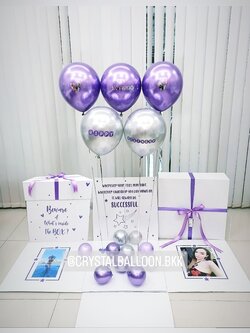 Happy Birthday Surprise Box กล่องเซอร์ไพส์วันเกิด Theme สีม่วง-เงิน พร้อมตกแต่ง ลูกโป่ง 5 ลูก สามารถใส่รูปได้ 2 รูป สามารถเปลี่ยนสีลูกโป่ง/เปลี่ยนข้อความได้