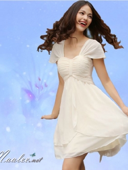 พร้อมส่ง ชุดราตรีสั้น แบบปิดไหล่ สไตล์เรียบหรู สีครีม อกจับจีบพร้อมเชือกผูกเป็นโบว์ (คนท้องใส่ได้)