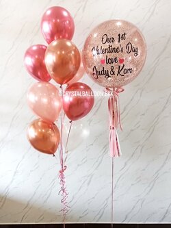 ลูกโป่ง Valentine's Day Bubble ขนาด 24" สีโรสโกล พร้อมตกแต่ง ช่อลูกโป่ง 9 ลูก 1 ช่อ,ลูกโป่งใส ใส่กลิตเตอร์ สามารถเปลี่ยนสีลูกโป่ง/เปลี่ยนข้อความ/เปลี่ยนขนาดได้
