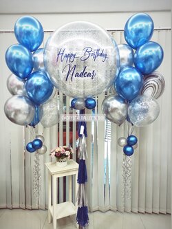 ลูกโป่ง วันเกิด Bubble 36" โทนสีน้ำเงิน พร้อม ช่อลูกโป่ง ช่อ 10 ลูก 2 ช่อ,ลูกโป่งลายหิน USA 2 ลูก พร้อมตกเเต่ง สามารถเปลี่ยนสีลูกโป่ง/เปลี่ยนข้อความได้