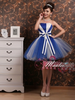 พร้อมส่ง ชุดแฟนซี ชุดราตรีสั้น กระโปรงสุ่ม ลายทางริ้ว เก๋มาก สีน้ำเงินขาว