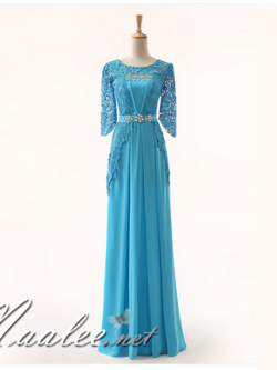 พร้อมเช่า ชุดราตรียาว สี ฟ้าเข้ม แขนสามส่วน แต่งลูกไม้ จับเดรปทรงนาฬิกาทราย (L-3XL)