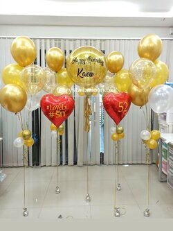 ลูกโป่ง วันเกิด Bubble ขนาด 24" สีทอง พร้อม ช่อลูกโป่ง ช่อ 5 ลูก 4 ช่อ,ลูกโป่งใส ใส่กลิตเตอร์ , ฟอยล์หัวใจเป่าลอยตั้งพื้น 2 ลูก , พร้อมตกเเต่ง สามารถเปลี่ยนสีลูกโป่ง/เปลี่ยนข้อความ/เปลี่ยนขนาดได้