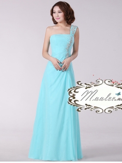 พร้อมเช่า ชุดราตรียาว เกาะอกไหล่เฉียง สีฟ้า ผ้าชีฟองเนื้อนิ่ม ประดับเพชรหรู งานสวย