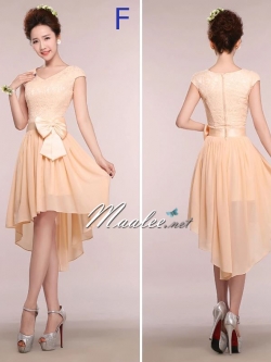 พร้อมเช่า ชุดราตรีสั้น ชุดเพื่อนเจ้าสาว สีครีมไข่ แบบ F แขนกุด หน้าสั้นหลังยาว แต่งลูกไม้ช่วงอก คาดโบว์ที่เอว (ซิปหลัง)
